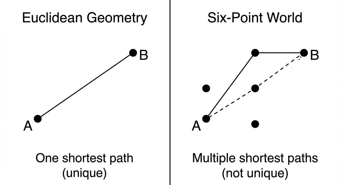 Euclidean geometry versus discrete geometry: in Euclidean space there is exactly one straight line between two points, while in a six-point world there can be multiple shortest paths