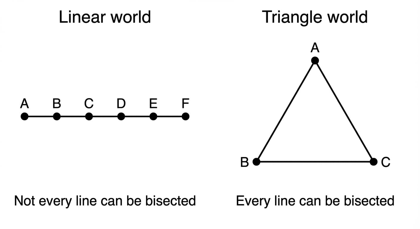 Two discrete worlds compared: the linear world where not every line can be bisected, and the triangle world where every line can be bisected
