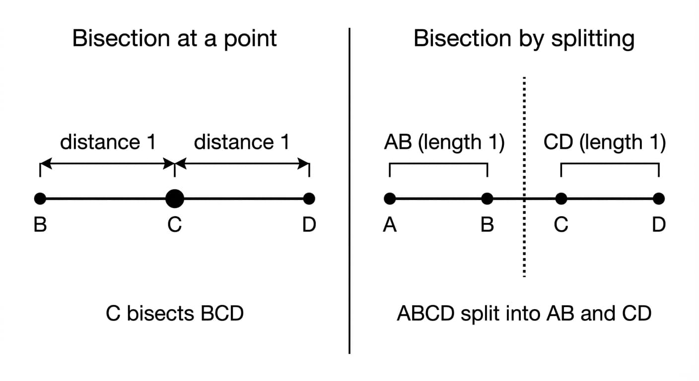 Two definitions of bisection in discrete geometry: bisection at a point (C bisects BCD) versus bisection by splitting (ABCD split into AB and CD)