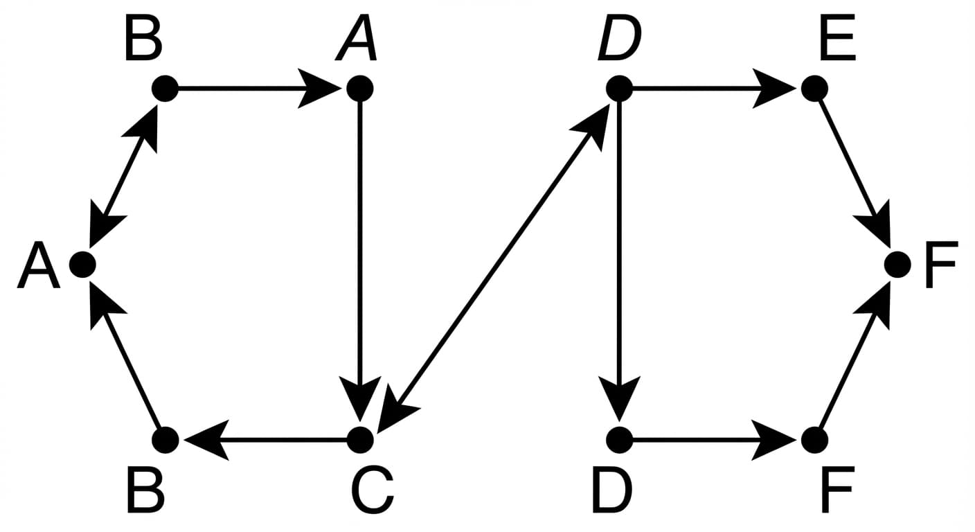 A world with directed paths — some connections only work one way, changing the geometry