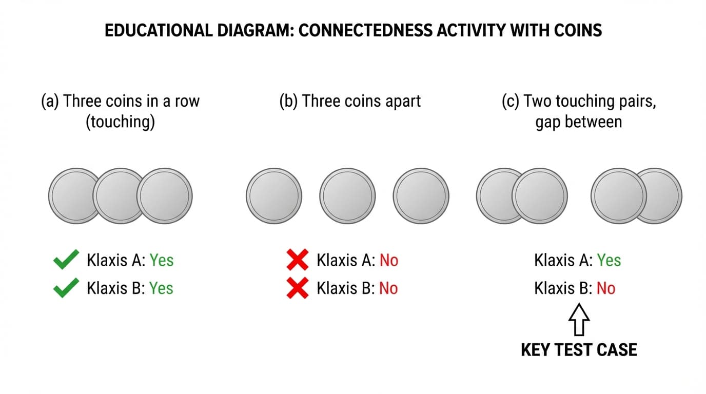 Three coin arrangements illustrating the klaxis definitions — the key test case is two touching pairs with a gap between them
