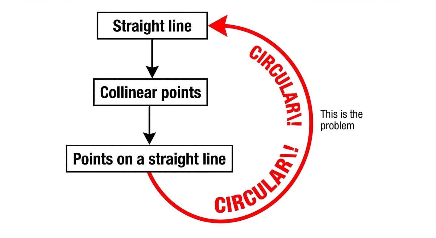 The straight-line circularity — "straight line" is defined as "collinear points" which is defined as "points on a straight line," forming a circular loop