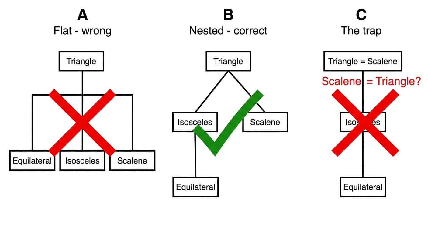 Three classification trees side by side — a flat tree where equilateral, isosceles, and scalene are siblings (wrong), a nested tree where equilateral is under isosceles (correct), and the "scalene = triangle" trap where everything nests under scalene