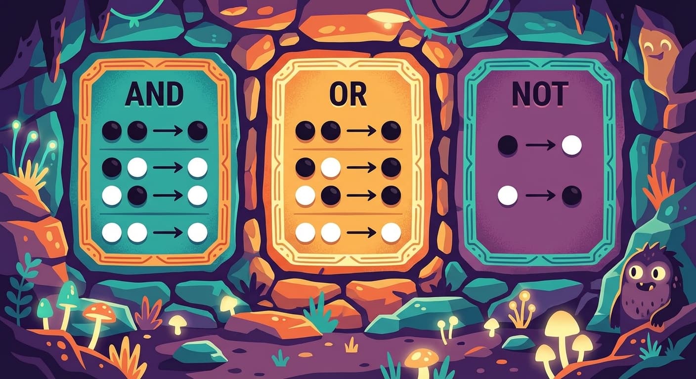 Three stone tablets showing the AND, OR, and NOT operations with black and white pebbles for each possible input combination