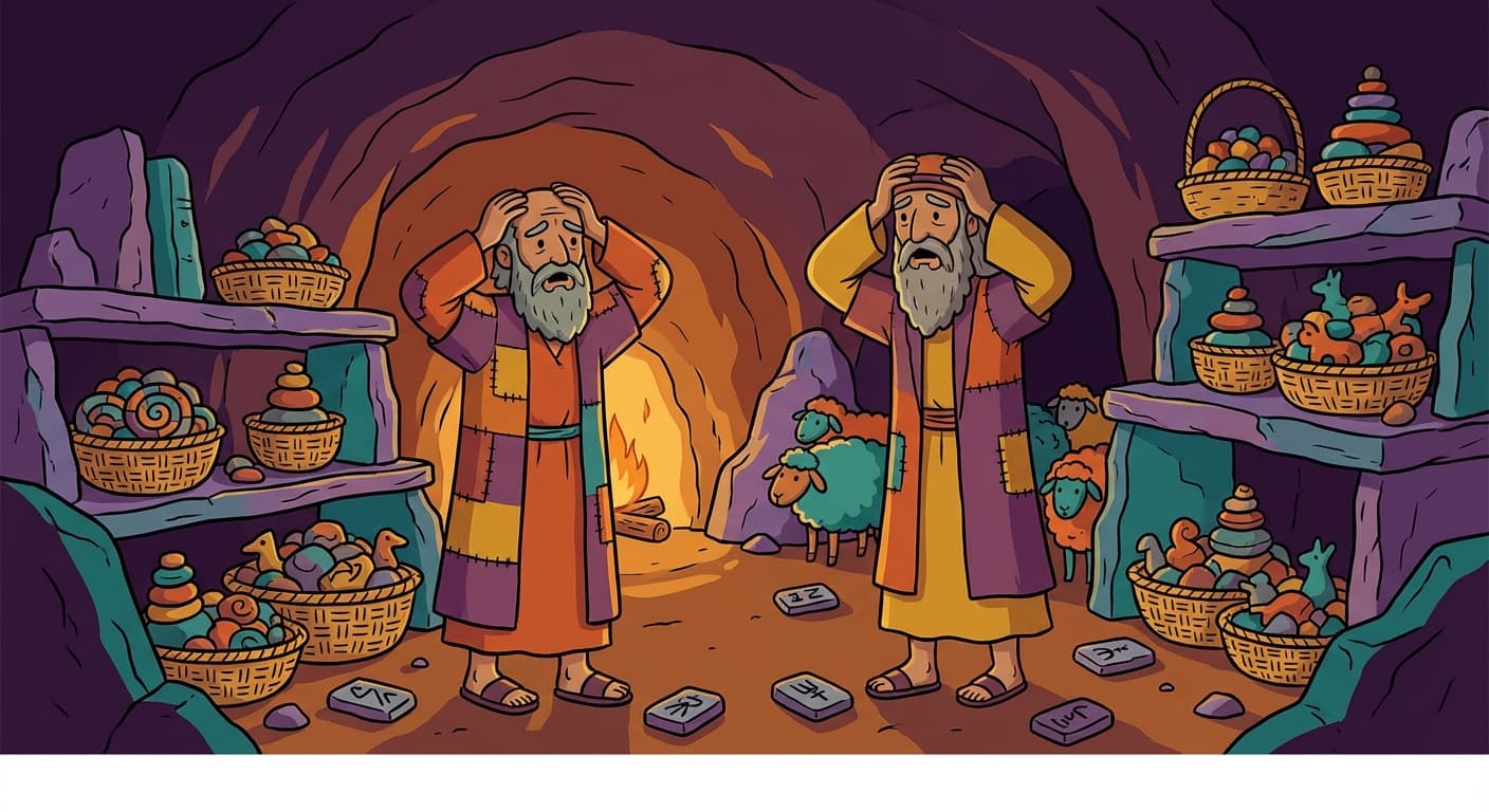 Glagalbagal standing in a chaotic cave full of stone shelves piled with pebble arrangements, labels scattered on the floor, looking overwhelmed