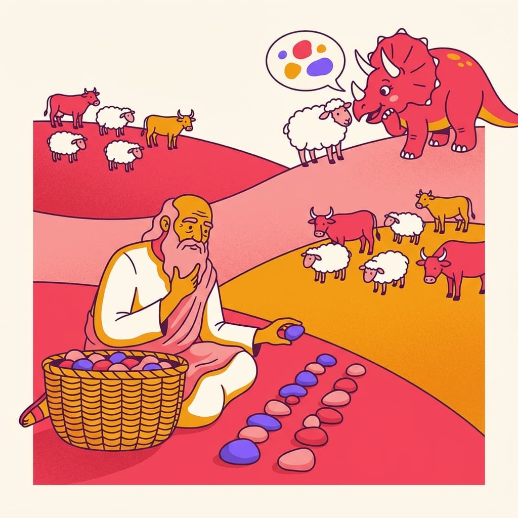 Glagalbagal carrying a pebble arrangement between two distant herds to compare their sizes