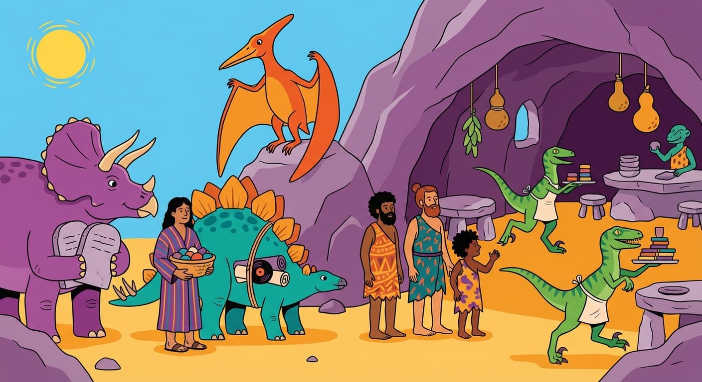 Glagalbagal's cave entrance with a carved sign, a queue of diverse dinosaurs and humans waiting outside — a triceratops, a pterodactyl, a stegosaurus, and several humans in robes — each carrying records or tablets, while velociraptors bustle inside