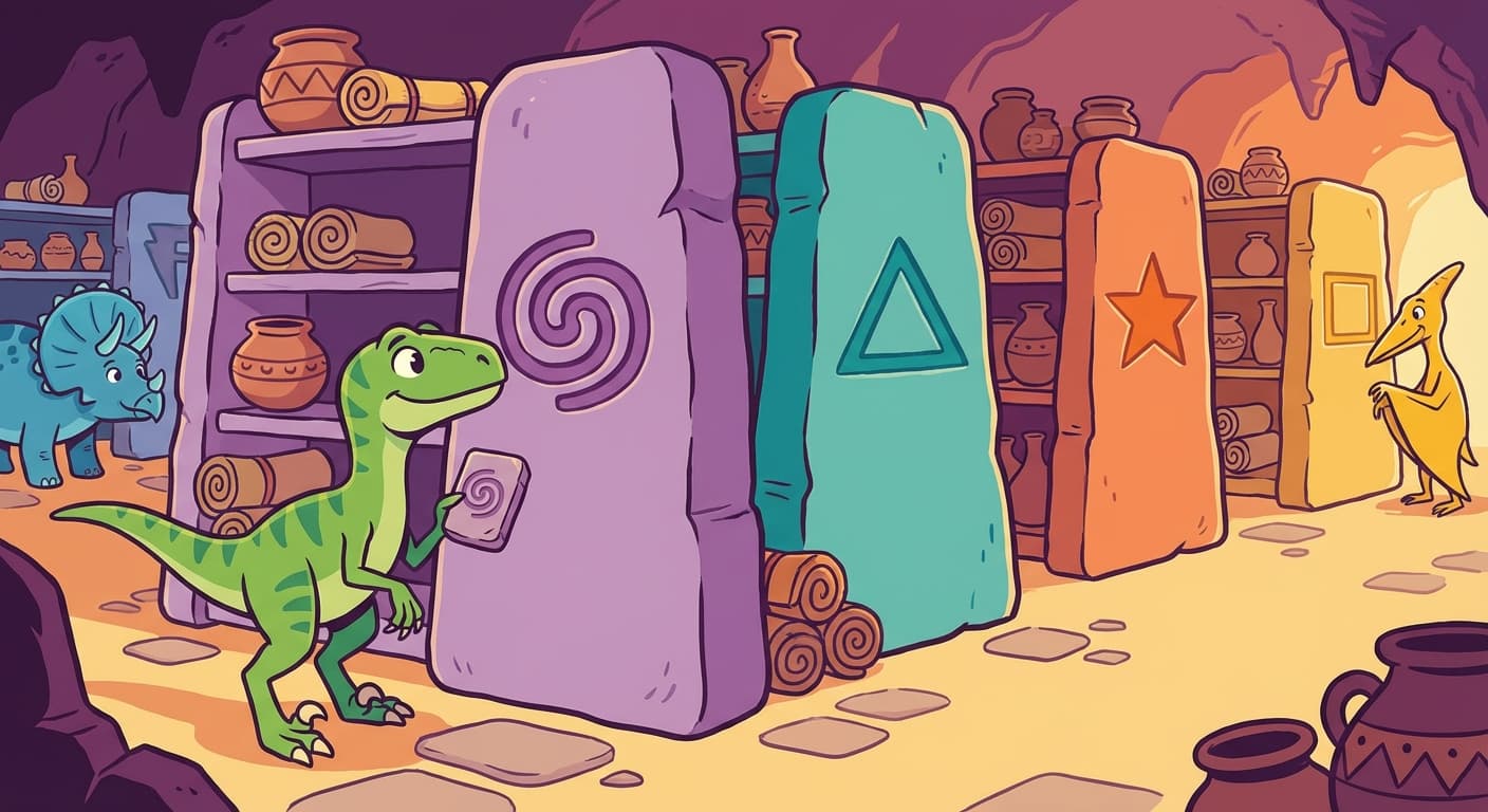 Stone partition dividers separating shelf sections in the cave, each carved with a different customer symbol. A velociraptor checks a task card against the partition symbol before accessing baskets