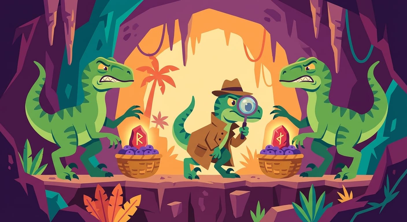 Two velociraptors standing frozen on opposite sides of a shelf, each with a busy stone on one basket and a claw reaching toward the other's basket. Between them, a third velociraptor (the lock watcher) examines the situation with a detective-like magnifying glass, about to break the deadlock