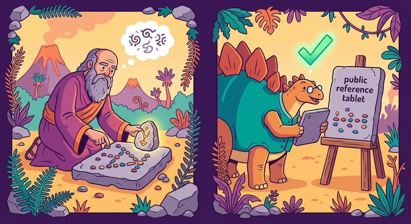 Glagalbagal pressing a mathematical signature onto a message tablet — not a physical stamp, but a computed pebble arrangement derived from the message content and a private key. Frojj on the receiving end verifies the signature by computing the digest and checking it against the public value