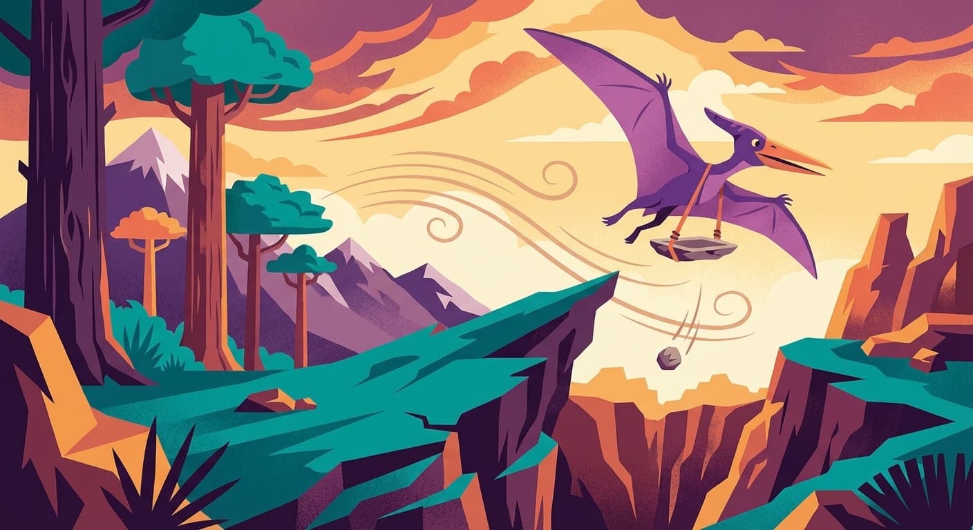 A pterodactyl in flight with a stone tray strapped to its leg. One pebble is falling from the tray into a ravine below. At the bottom of the image, a comparison shows the sent record (with checksum matching) and the received record (with checksum mismatching, highlighted in red)