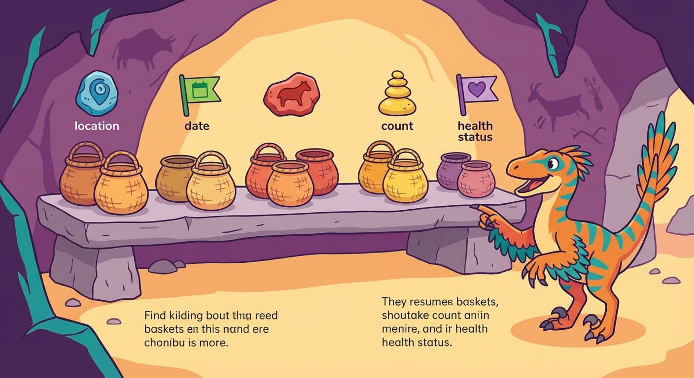 A stone shelf showing a record as a long row of baskets, with colored markers above groups of baskets indicating which section represents location, date, animal type, count, and health status