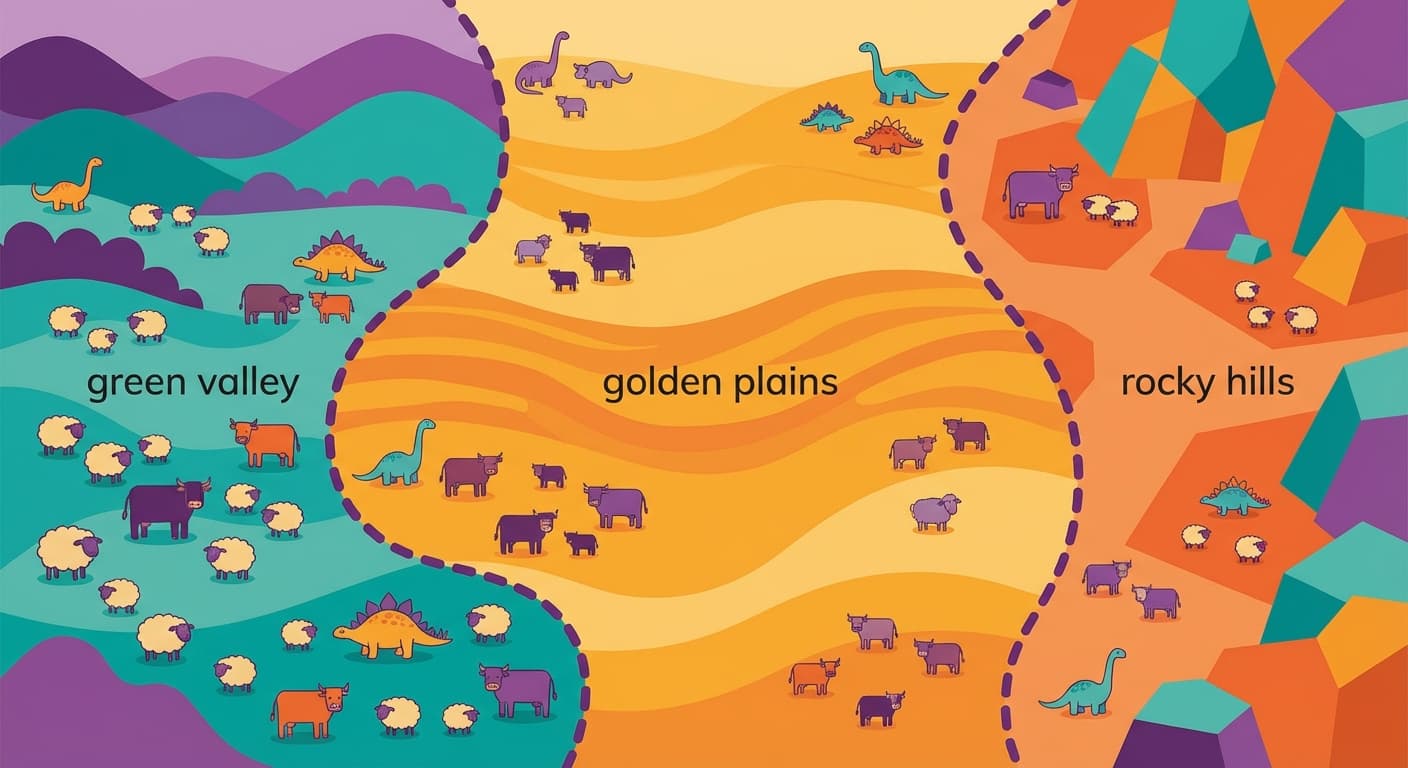 A map showing three locations — valley, plains, and hills — with different herd sizes allocated proportionally to their grazing capacity