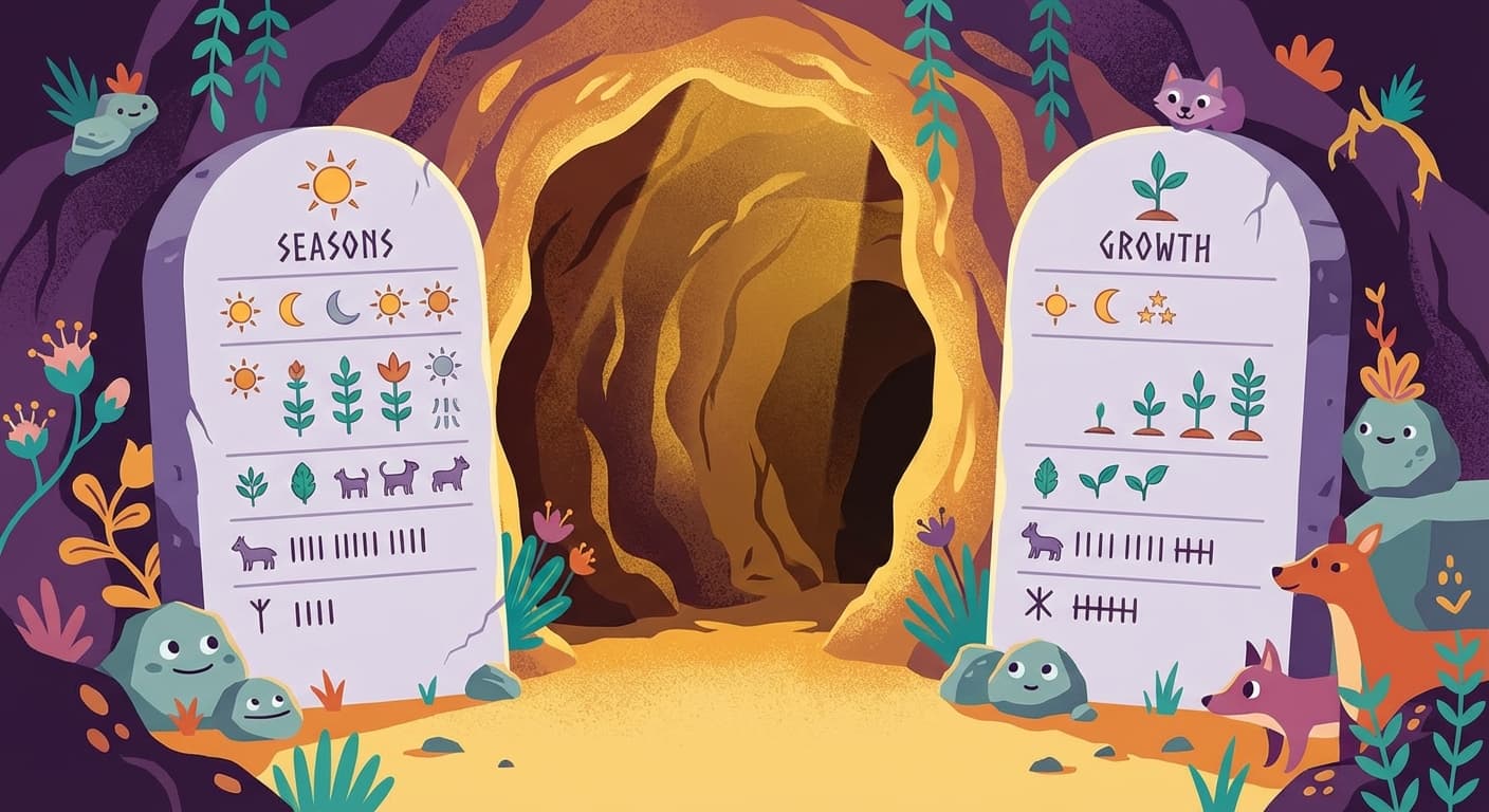 Stone tablets at the cave entrance listing record positions organised by season and by growth amount — an index system