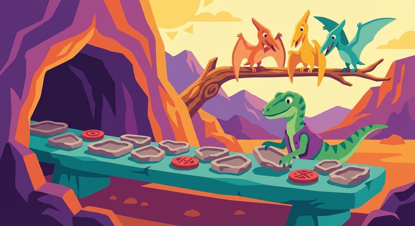 The receiving shelf outside the cave with stone trays from multiple pterodactyls, separated by flat red disc markers. A velociraptor sorts trays into groups while pterodactyls wait on a perch above