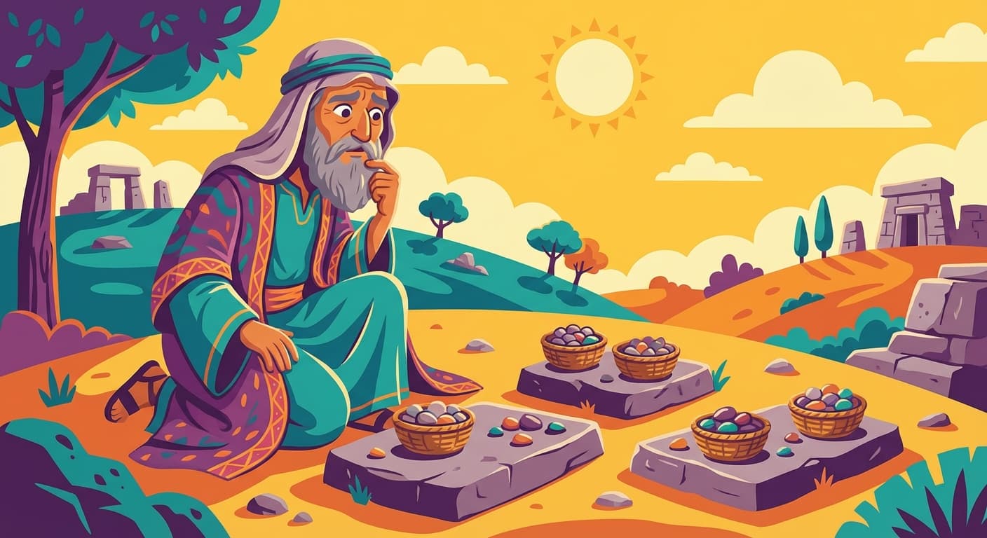 Glagalbagal staring at three months of pebble arrangements lined up side by side, looking confused