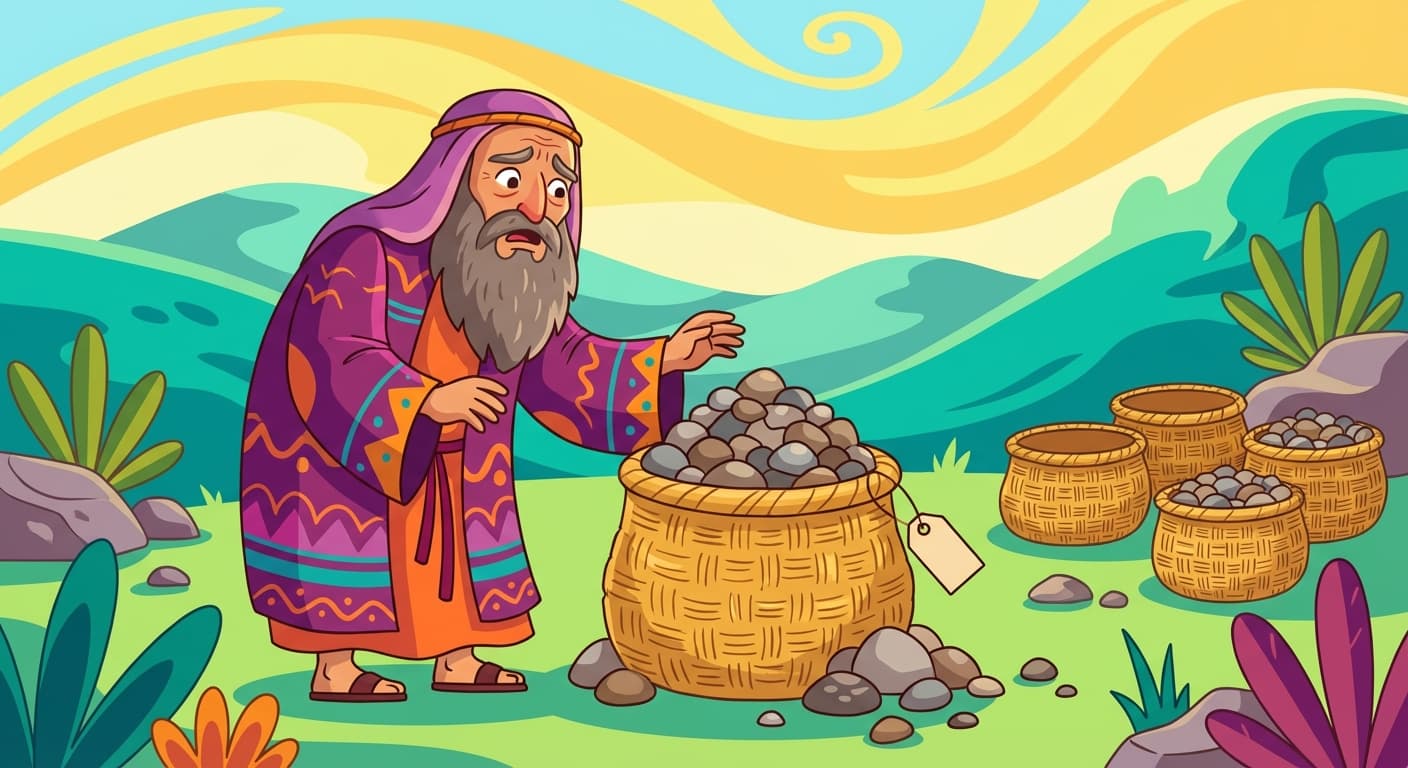 Glagalbagal looking frustrated at an overflowing first basket with fourteen pebbles spilling out