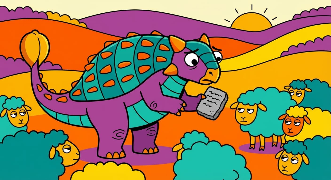 Plovjik the ankylosaur staring at a herd of sheep, then at her instruction tablet, then back at the sheep, looking perplexed