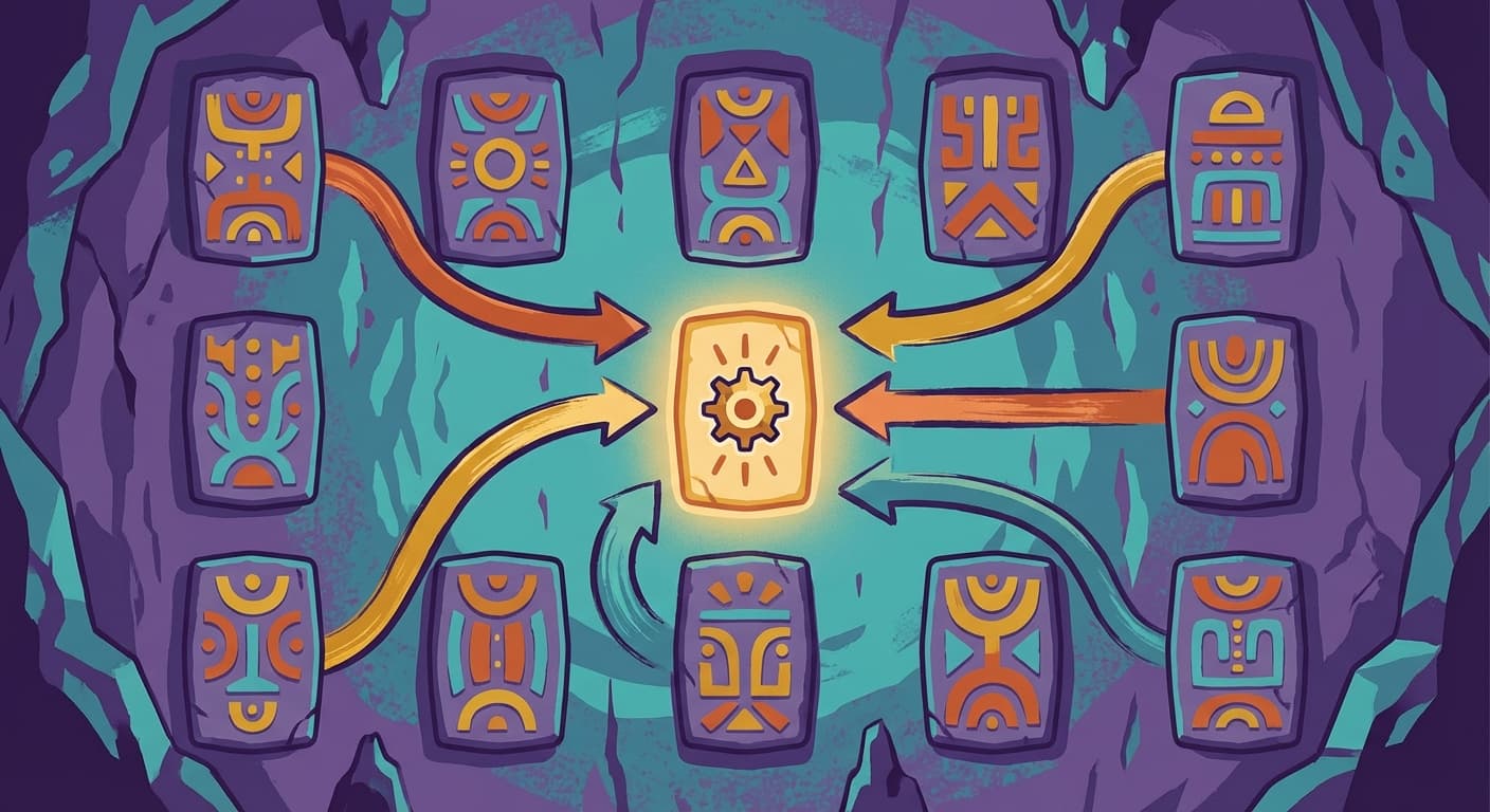 A wall of instruction tablets with arrows pointing from each one to a single Carrying Tablet in the centre