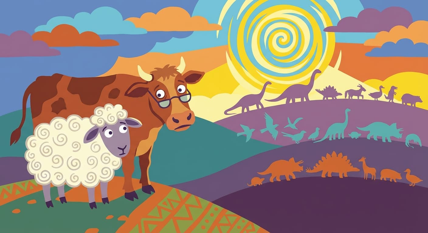 Two leftover animals — a sheep and an elderly cow — standing alone after the herd has been divided into three equal groups