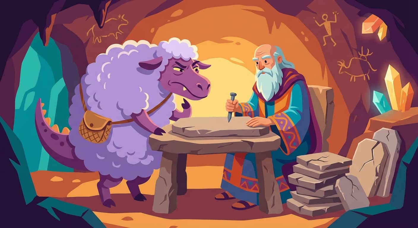 Glagalbagal carving rule tablets while Blortz critiques every line, a stack of rejected tablets growing beside them