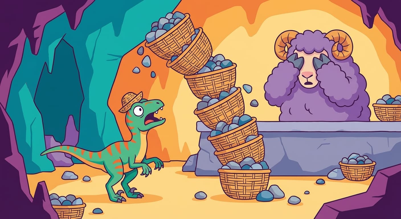 Drstvjek the velociraptor staring at an impossibly tall tower of baskets overflowing with pebbles, while Blortz looks on in horror from behind a stone shelf