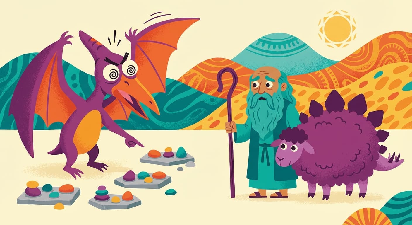 Qveshna the pterodactyl gesturing angrily at a lineup of pebble arrangements while Glagalbagal and Blortz look on