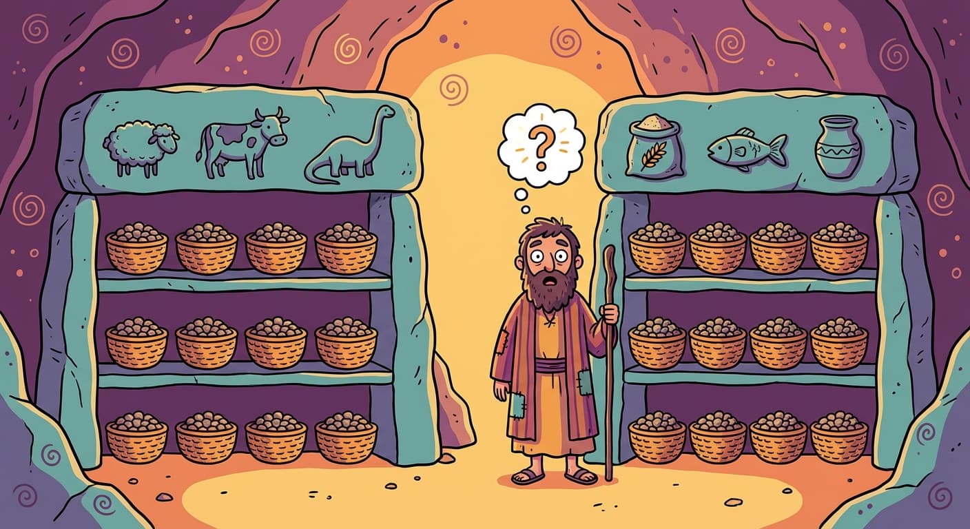 Two stone shelves side by side — one labeled with livestock symbols and one with trade goods symbols — both using identical basket arrangements and record formats, highlighting that the same system works for completely different domains