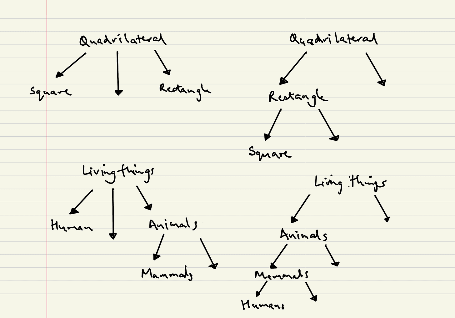 Four tree diagrams showing classification relationships between shapes and between animals