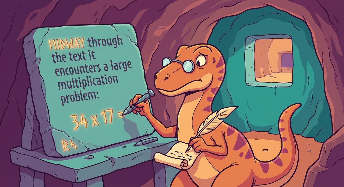 A cartoon velociraptor at a workstation generating text on a stone tablet. Midway through the text, it encounters a large multiplication problem. Instead of writing the answer, it writes a request on a small scroll and passes it through a window to a separate room where a dedicated arithmetic engine (a precise mechanical device with gears and pebbles) computes the exact result. The result comes back through the window, and the velociraptor continues writing