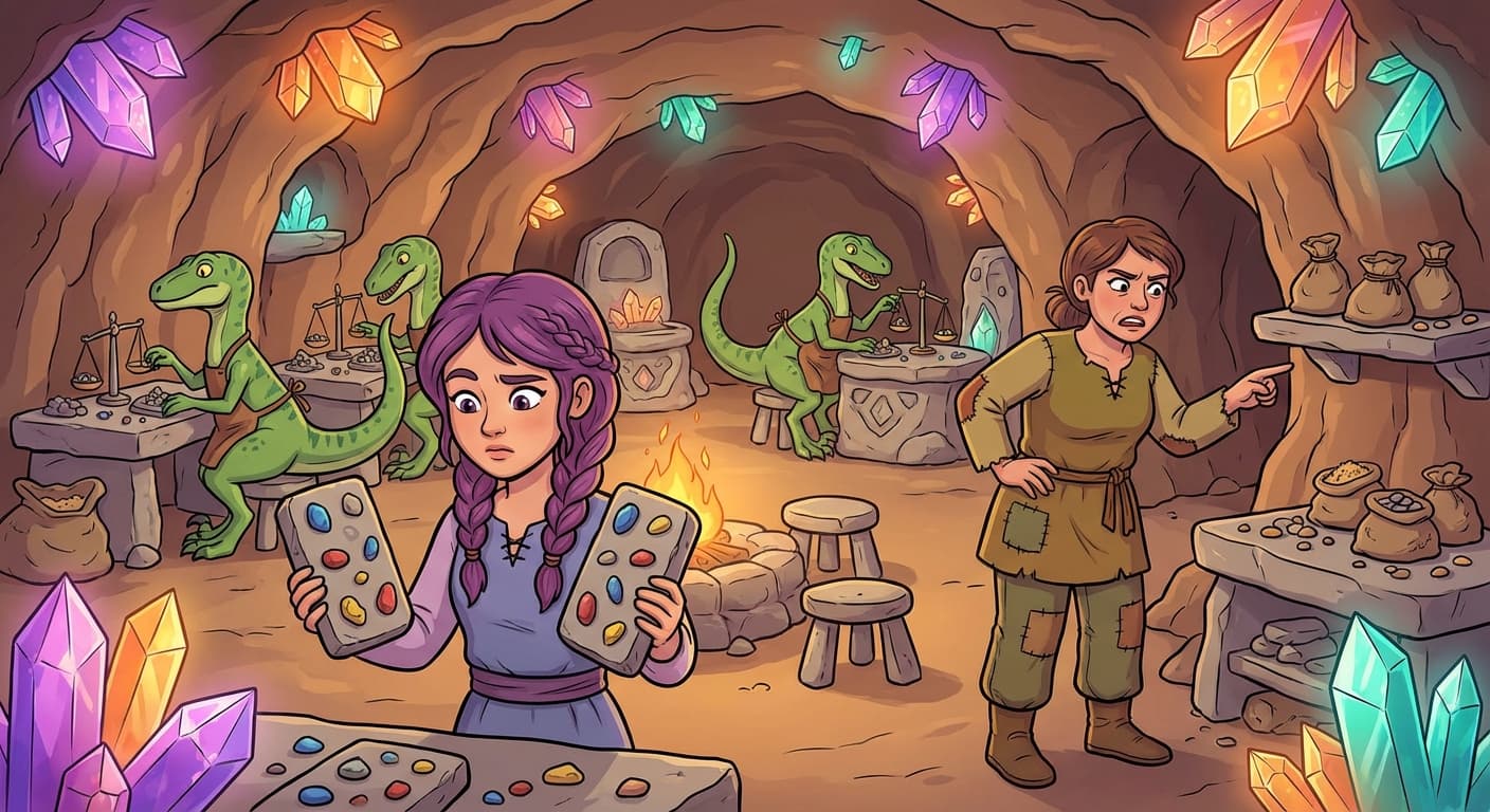 Two side-by-side stone tablets showing model results. The left tablet, labelled "Equal Errors," shows 89% overall but five red X marks over missed contaminated stores. The right tablet, labelled "Weighted Errors," shows 85% overall but only two red X marks — and several extra yellow circles marking false alarms on clean stores. Jvelthra points firmly at the right tablet