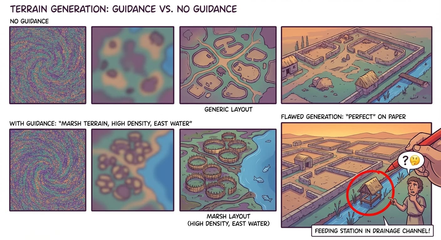 A generation process shown in three rows. The top row generates without guidance: random noise denoises into a generic layout — could be any terrain type. The middle row generates with the label "marsh terrain, high density, east water": the same noise denoises into a marsh-specific layout with dense pens and water on the east side. The bottom row shows one generated layout that matches the description perfectly on paper but has a feeding station placed directly in a drainage channel — physically impossible. Kvrothja circles the error