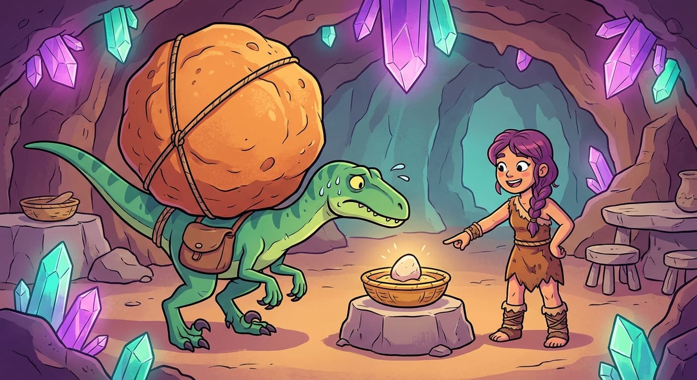 A velociraptor struggling to hold an enormous pebble arrangement (representing an extreme weight) in one arm while a smaller, lighter arrangement sits easily in the other. Trviksha points at the smaller one approvingly