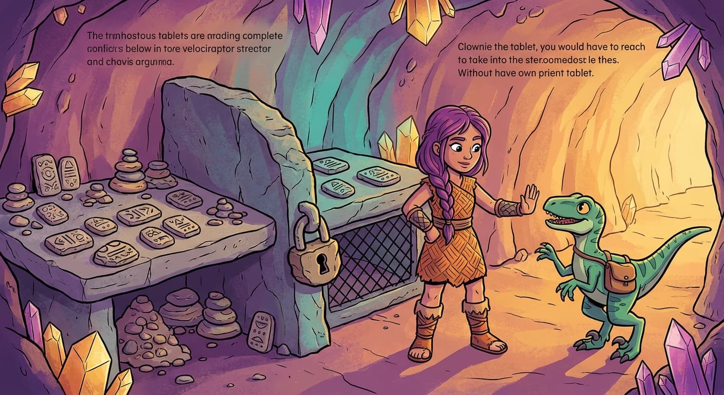 A stone shelf divided in two: a large section labelled "Training" with many patient records, and a smaller locked section labelled "Test" with a stone barrier between them. A velociraptor reaches toward the test section, and Trviksha blocks it with a flat hand