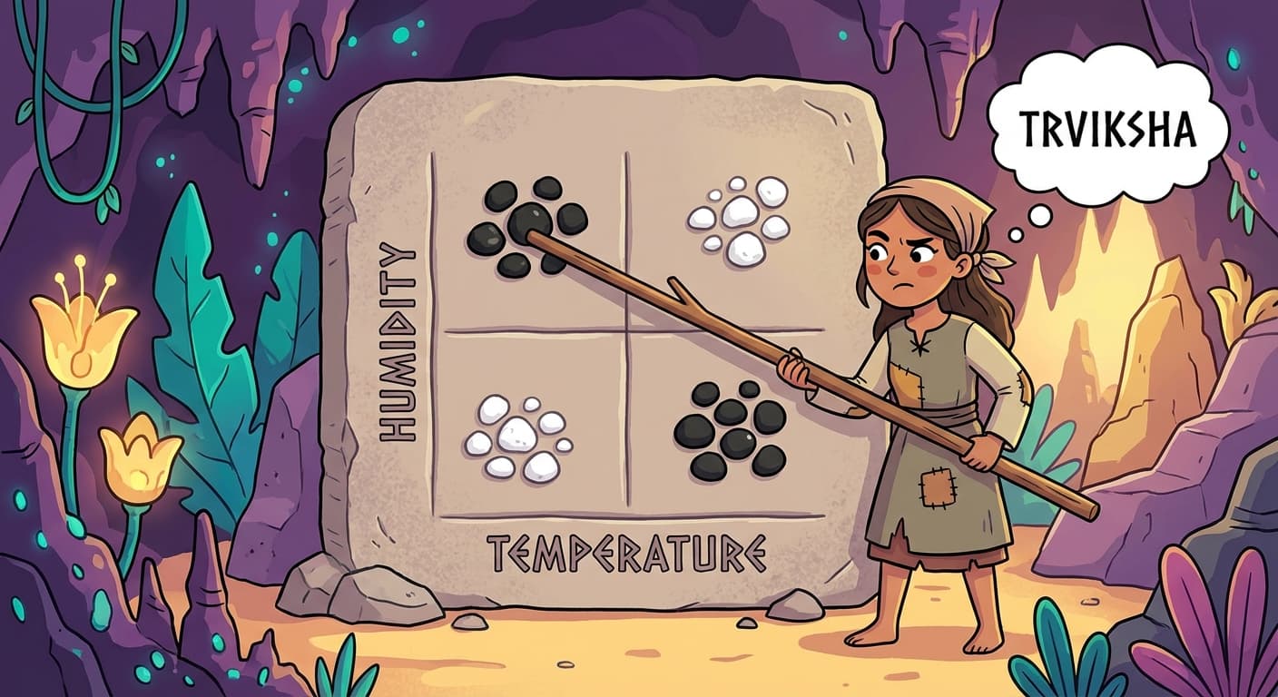 A stone grid with humidity on one axis and temperature on the other. Black pebbles (contaminated stores) are in the upper-left and lower-right corners. White pebbles (clean stores) are in the upper-right and lower-left corners. A frustrated Trviksha tries to position a straight stick that separates black from white, but no position works