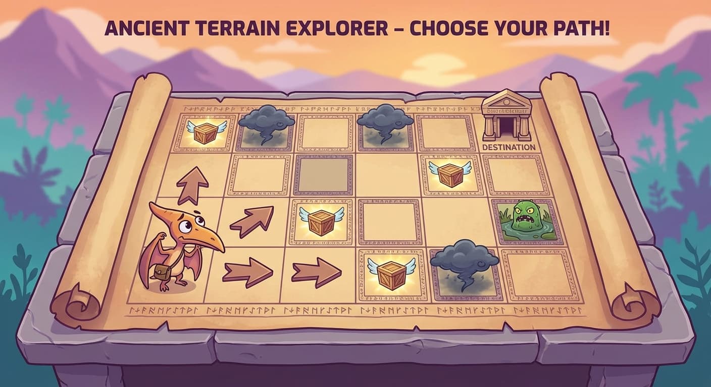 A grid representing the terrain between two GlagalCloud offices. A cartoon pterodactyl sits at the start position. Arrows show possible actions: north, south, east, west. Some grid cells are marked with positive rewards (a delivered package symbol), others with negative rewards (storm clouds, a marsh monster). The pterodactyl looks uncertain about which direction to choose