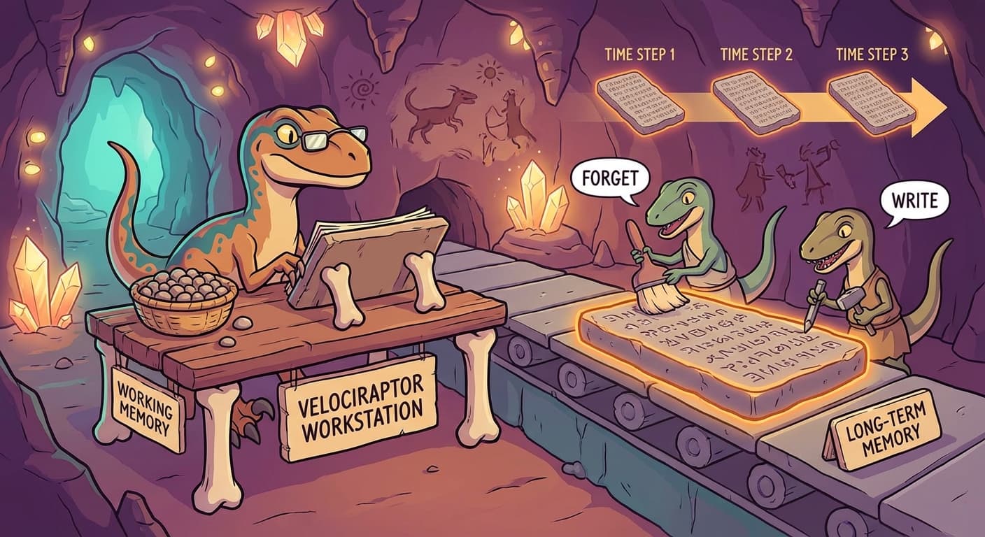 A velociraptor workstation with two objects: a regular basket (the hidden state) and a flat stone tablet (the long-term memory). Two small sub-velociraptors act as gatekeepers. One labelled "forget" holds an eraser near the stone, deciding whether to wipe it. The other labelled "write" holds a chisel, deciding whether to carve new information. The stone tablet passes unchanged from left to right (across time steps) unless the gatekeepers act