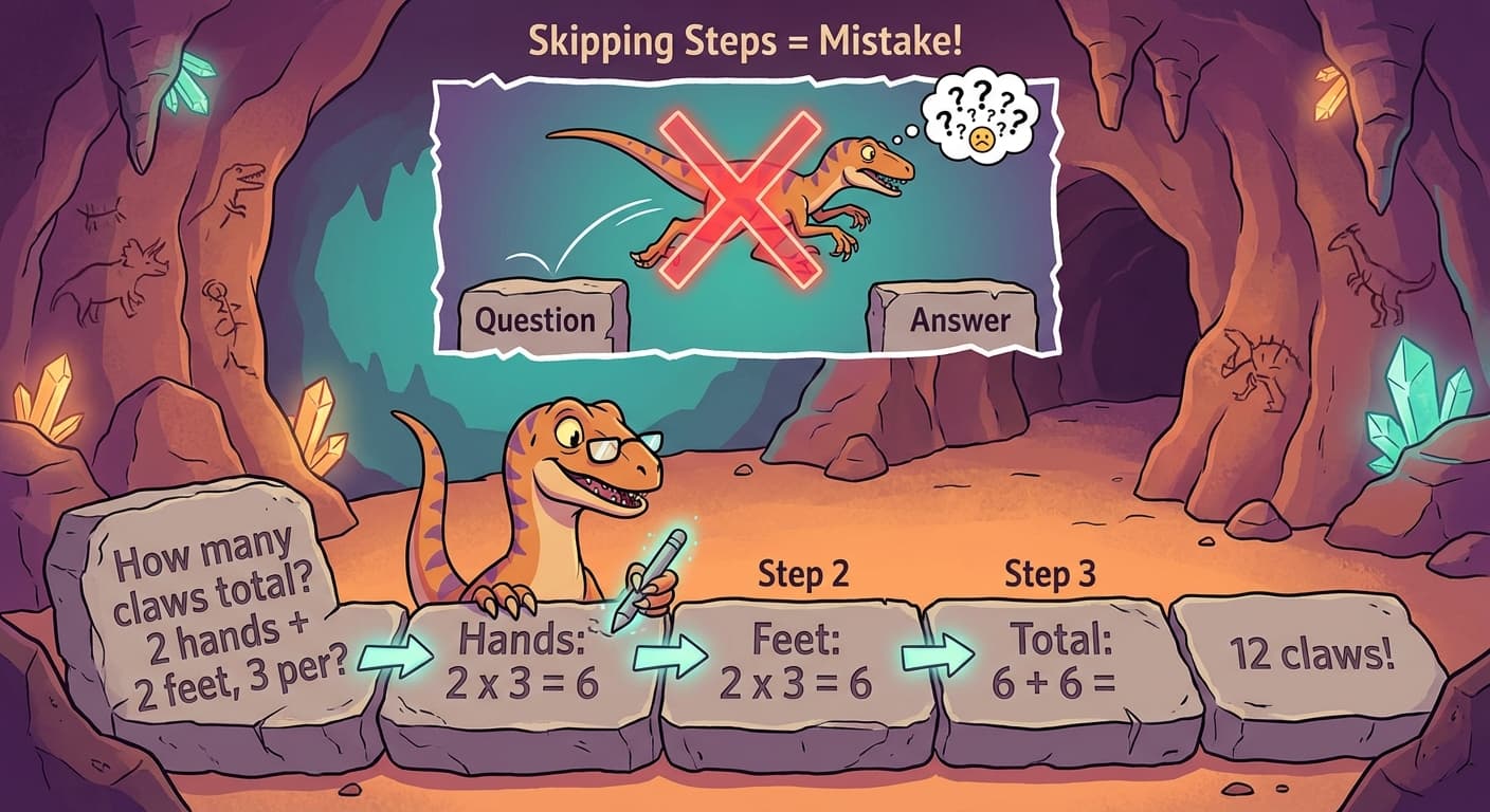 A cartoon velociraptor at a workstation with a long stone tablet in front of it. On the left side, a question is carved. The velociraptor writes intermediate steps one at a time across the tablet: Step 1, Step 2, Step 3, each feeding into the next. The final answer appears at the right end. Above, a contrast shows the same velociraptor trying to jump directly from question to answer and getting it wrong