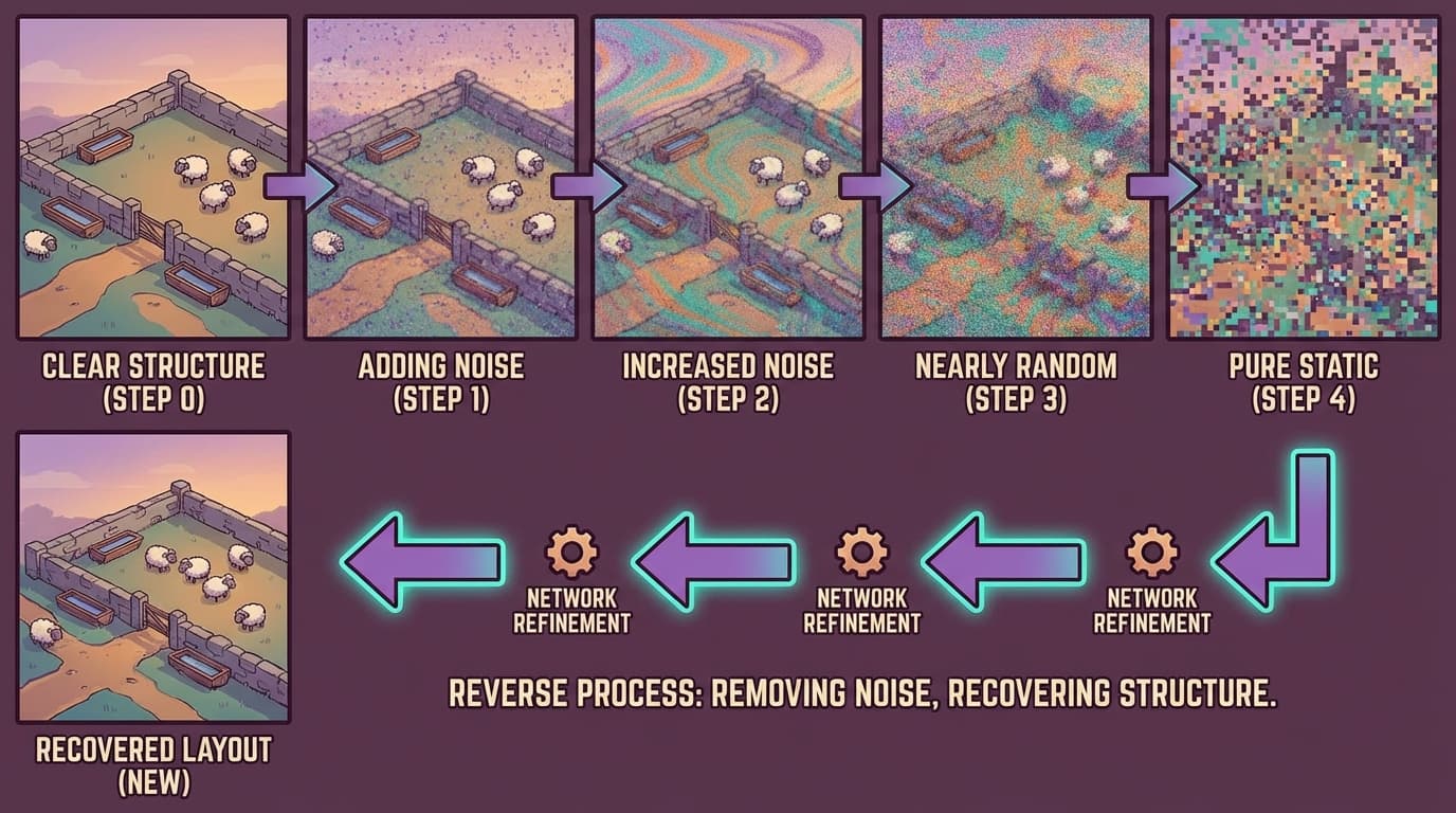 A horizontal sequence of grid layouts. On the far left, a clear, well-structured grazing layout with water troughs and fences marked. Moving right, each grid has more noise added — the structure fades step by step. The far right is pure random static. Below, arrows point in the reverse direction: a network removes noise step by step from right to left, gradually recovering structure. The rightmost grid is random; the leftmost is a new, generated layout that looks like a real design