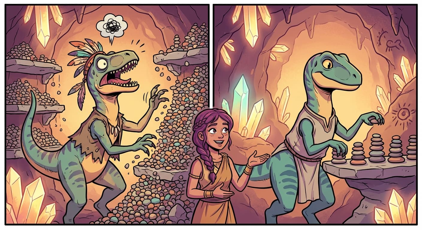 Two shelving systems side by side. On the left, an enormous wall of sixty shelves, each packed with pebble arrangements — the fully connected network's six thousand weights. On the right, a single small shelf with nine neatly arranged pebbles — the convolutional network's shared weights. A velociraptor stands between them, arms spread wide toward the massive wall and pointing dismissively at it. Below each shelf, a small stone plaque shows test accuracy: 76% under the big wall, 88% under the small shelf