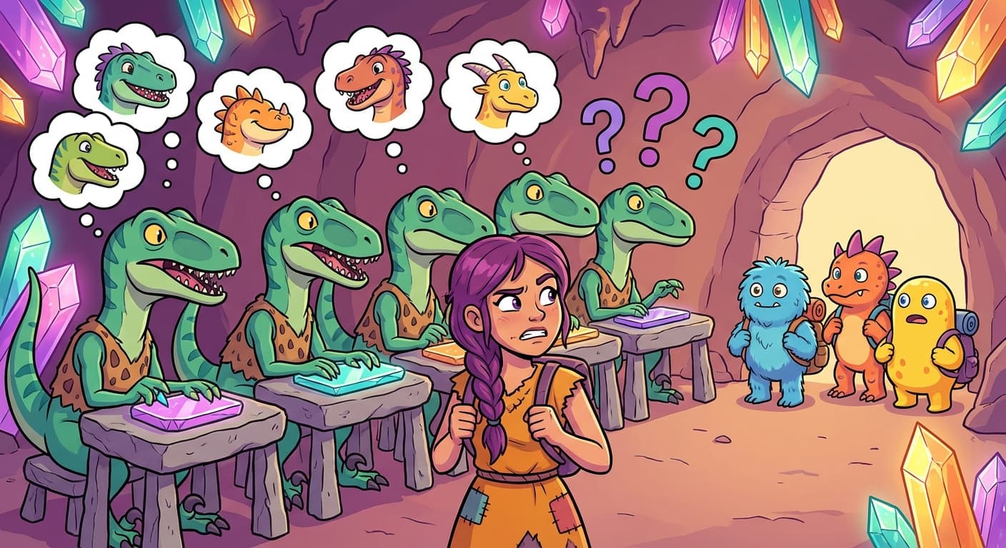 A network diagram where each hidden velociraptor has a thought bubble showing a specific patient's face, rather than a general symptom pattern. On the left, training patients are recognized perfectly. On the right, new patients pass through unrecognized. Trviksha stares at the gap between the two sides