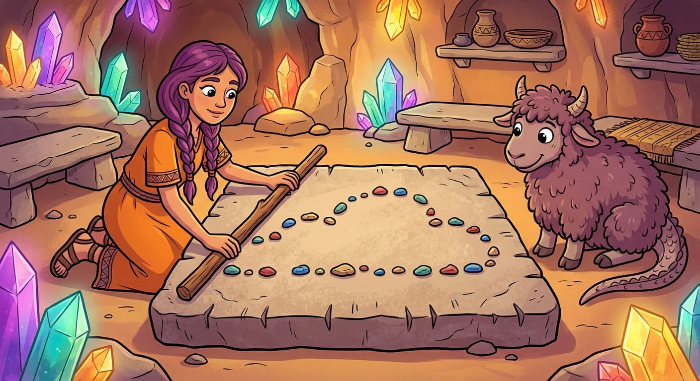 A stone slab grid with age along the bottom and sickness score along the left side. Scattered pebbles represent patients. A straight stick lies diagonally across the grid, tilted upward from left to right, passing through the rough centre of the pebble cloud. Some pebbles are above the stick, some below. Trviksha adjusts the stick's angle while Blortz watches