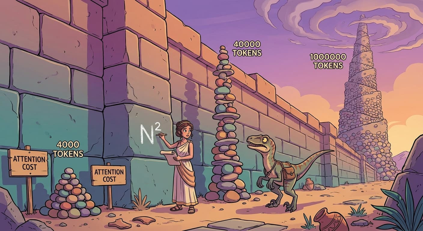 A stone wall stretching upward. On the left, a small stack of pebbles represents the cost of attention at 4,000 tokens — manageable. In the middle, a much taller stack for 40,000 tokens. On the right, the stack extends beyond the top of the image for 1,000,000 tokens, disappearing into the sky. A velociraptor at the base of the rightmost stack looks up in dismay. Trviksha writes "N squared" on the wall