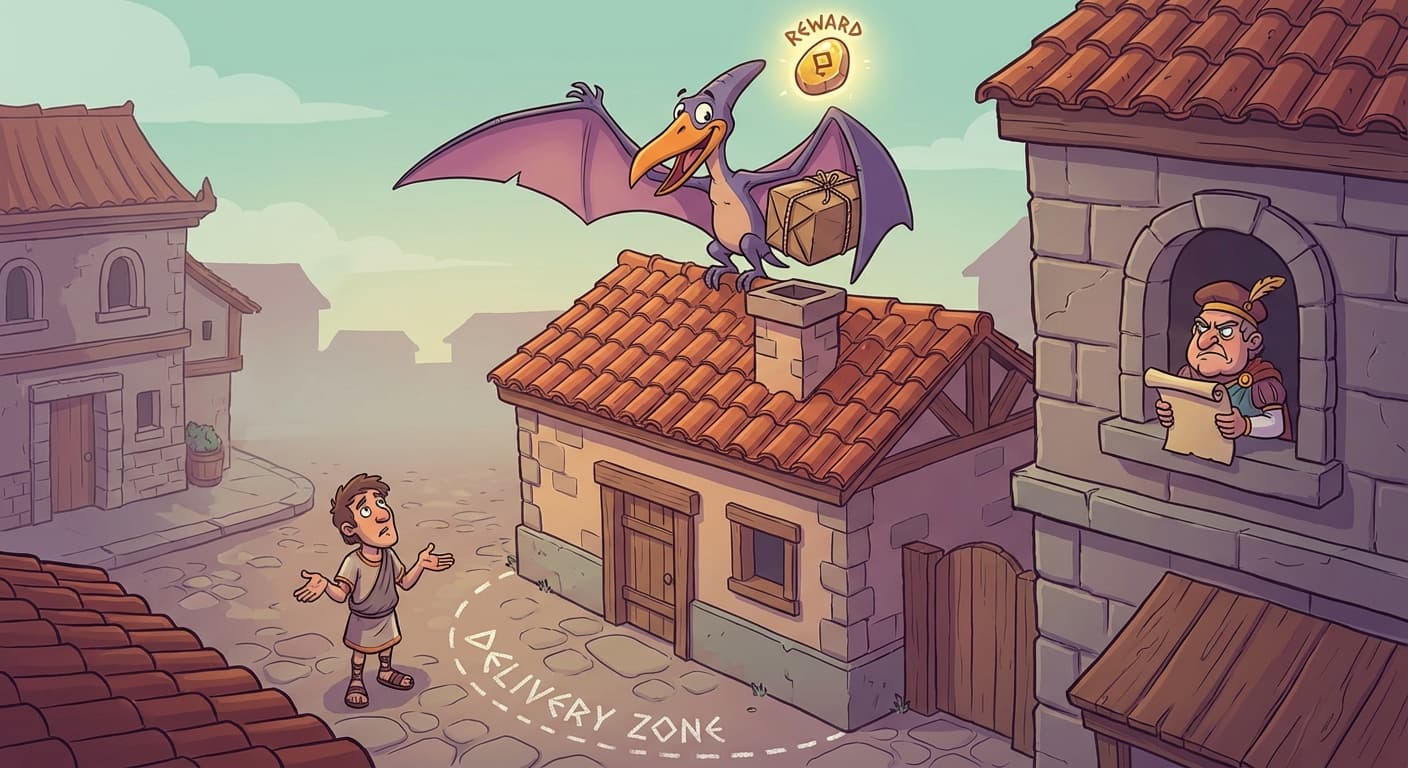 A cartoon pterodactyl perched triumphantly on a rooftop, clutching an undelivered package under its wing. Below, the intended recipient looks up in confusion, hands empty. A dotted circle on the ground shows the "delivery zone" with the roof just barely inside its boundary. A reward pebble floats above the pterodactyl's head. The tax collector peers out of a window, annoyed