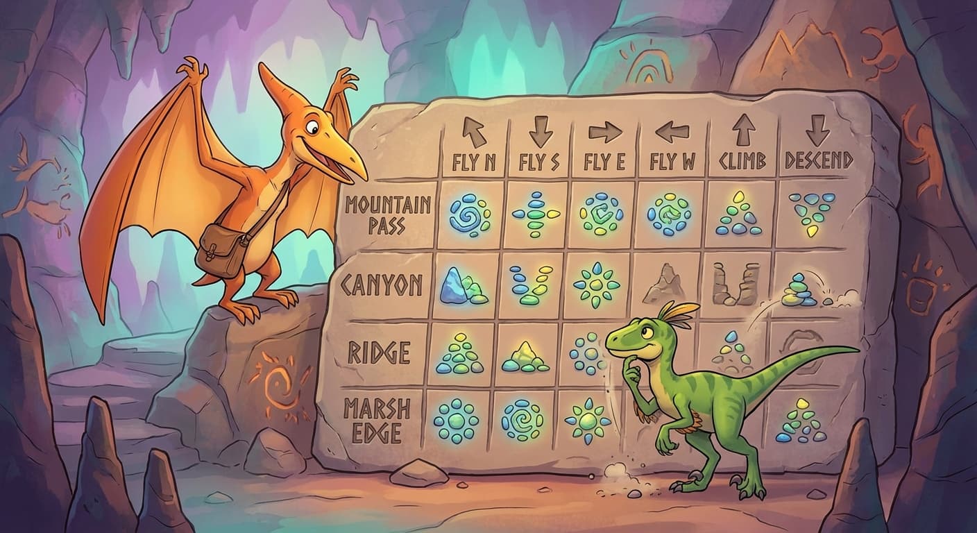 A large stone tablet with a grid: rows are labelled with locations (mountain pass, canyon, ridge, marsh edge) and columns with actions (fly N, S, E, W, climb, descend). Each cell contains a pebble arrangement representing the estimated value. A cartoon pterodactyl has just landed at "ridge" and a velociraptor updates the cell for "mountain pass / fly east" by nudging its pebble arrangement slightly upward