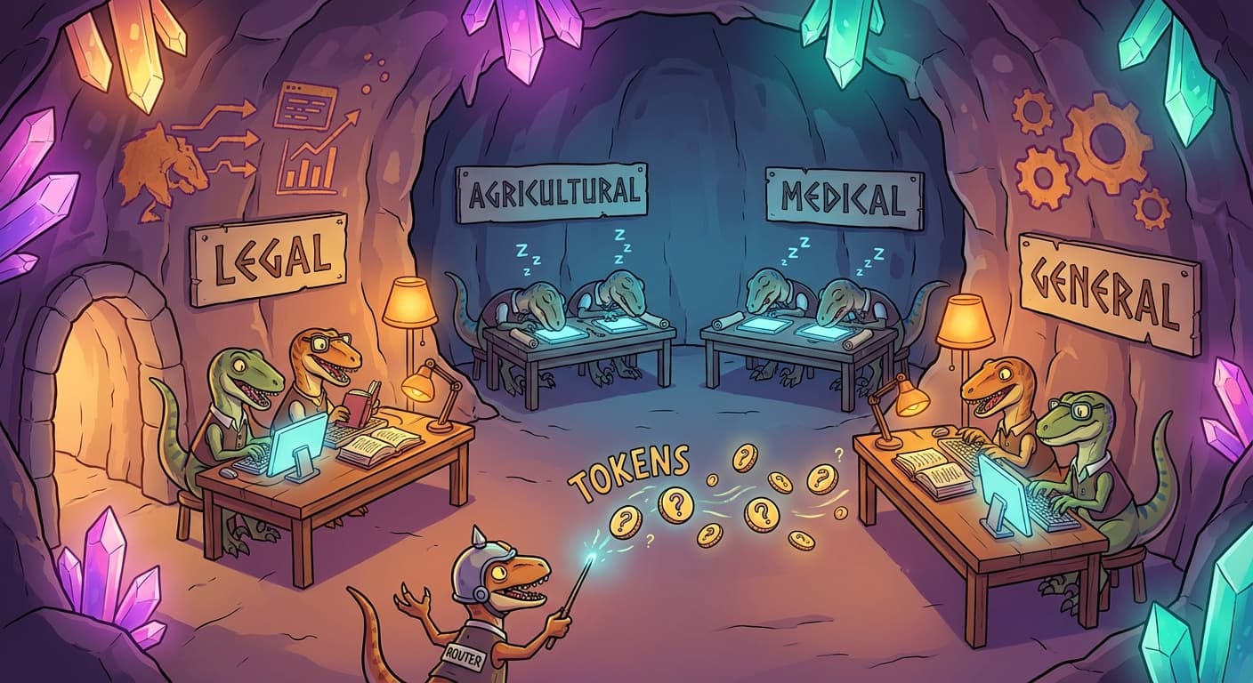 A large hall with four groups of cartoon velociraptors at workstations, each group labelled with a domain (Legal, Agricultural, Medical, General). For a legal query input, the Legal and General groups are awake and working, while the Agricultural and Medical groups are slumped asleep at their stations. A small router velociraptor at the entrance points incoming tokens toward the active groups