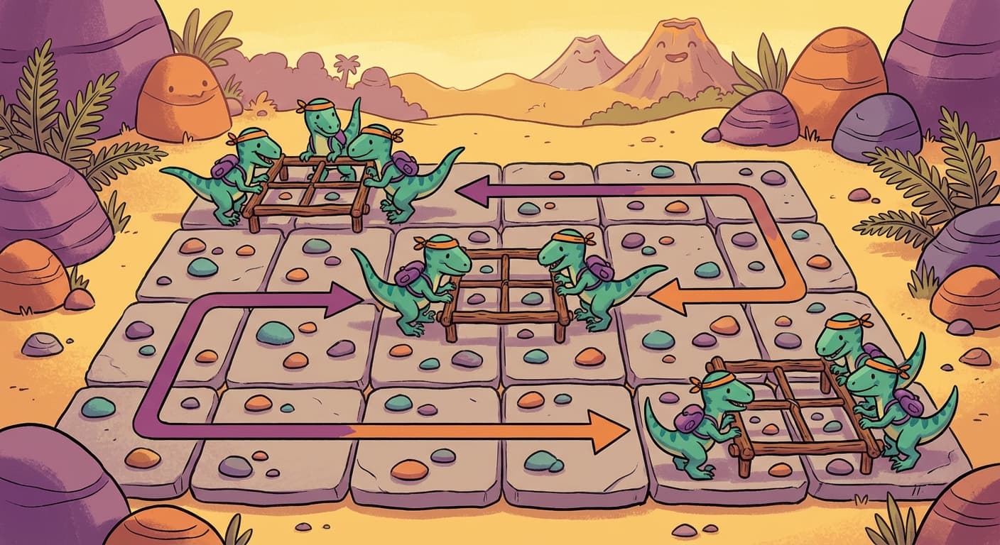 A 20×20 stone grid with a small 3×3 wooden frame being slid across it by a team of velociraptors. The frame highlights nine plots at a time. As the frame moves from position to position, the same velociraptor team performs the same computation at each location. Arrows show the scanning path across and down the grid