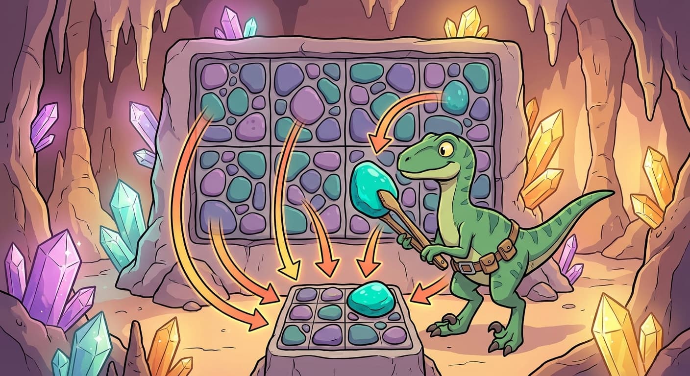 A feature map (18×18 grid of varying shades) being divided into 3×3 blocks. Each block is replaced by a single value — the maximum within the block. The resulting 6×6 grid is much smaller but preserves the rough locations of the strongest patterns. A velociraptor picks the brightest pebble from each block