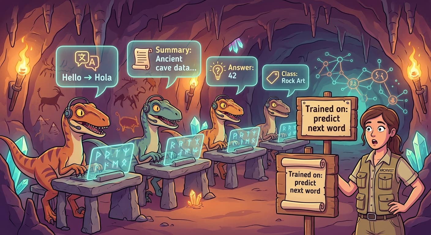 A single transformer network (depicted as a row of velociraptors at workstations) with multiple speech bubbles coming out of it. One bubble shows a translation, another a summary, a third an answer to a question, a fourth a sentiment label. Hjentova stands beside the network looking astonished, holding up a sign that reads "Trained on: predict next word." Trviksha shrugs