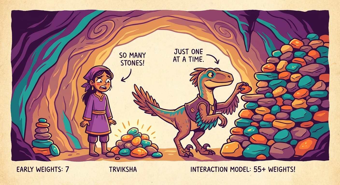 A growing wall of pebble arrangements representing model weights — starting small on the left (two weights for the age-only model) and growing larger toward the right (twelve weights for the full model). Trviksha looks concerned while a velociraptor dutifully adjusts pebbles one at a time